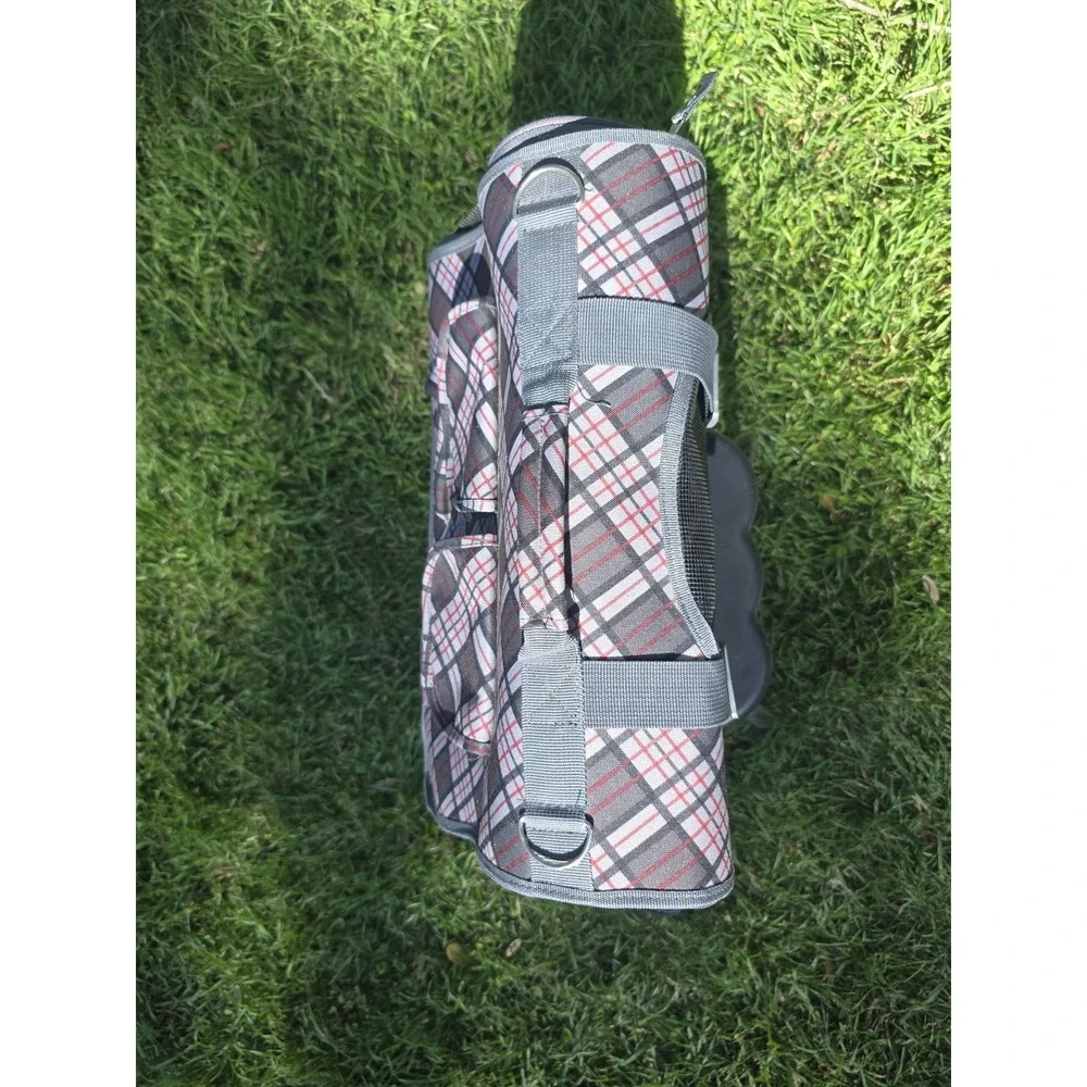 Plaid Soft Sided Pet Carrier Bag Grey Red Small Dog Cat Travel Tote Mesh Pockets